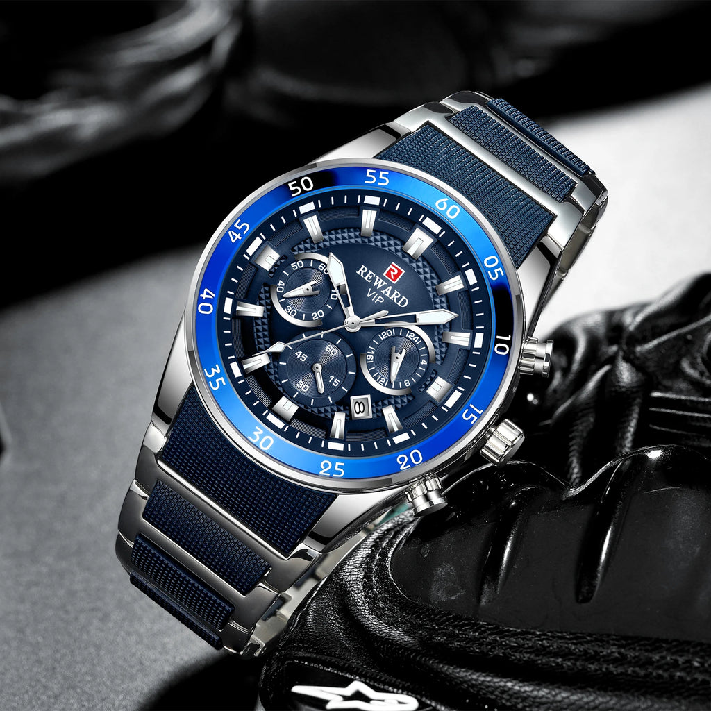REWARD New Sport Watches for Men Fashion Stainless Steel Quartz Watches Waterproof Chronograph Wrist Watches Male