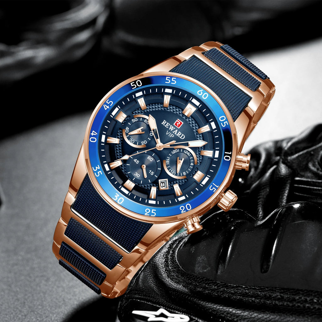 REWARD New Sport Watches for Men Fashion Stainless Steel Quartz Watches Waterproof Chronograph Wrist Watches Male