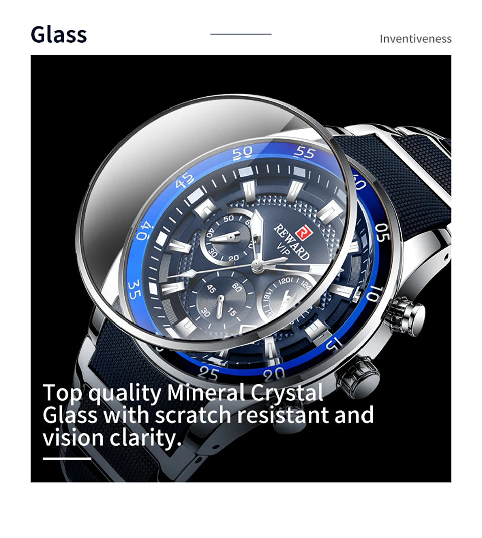 REWARD New Sport Watches for Men Fashion Stainless Steel Quartz Watches Waterproof Chronograph Wrist Watches Male