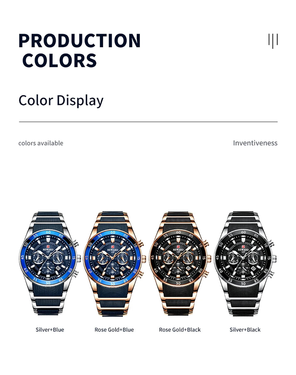 REWARD New Sport Watches for Men Fashion Stainless Steel Quartz Watches Waterproof Chronograph Wrist Watches Male