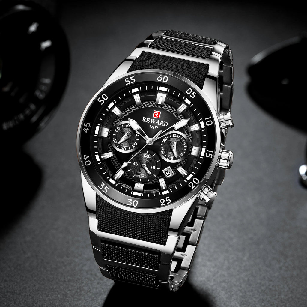 REWARD New Sport Watches for Men Fashion Stainless Steel Quartz Watches Waterproof Chronograph Wrist Watches Male