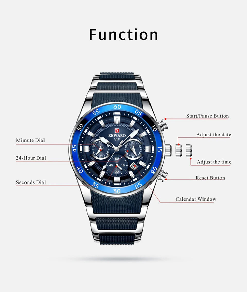 REWARD New Sport Watches for Men Fashion Stainless Steel Quartz Watches Waterproof Chronograph Wrist Watches Male
