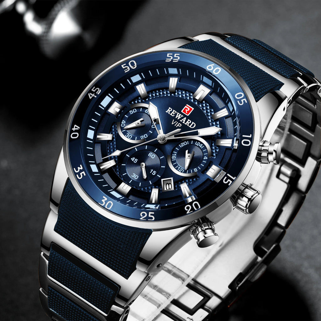 REWARD New Sport Watches for Men Fashion Stainless Steel Quartz Watches Waterproof Chronograph Wrist Watches Male