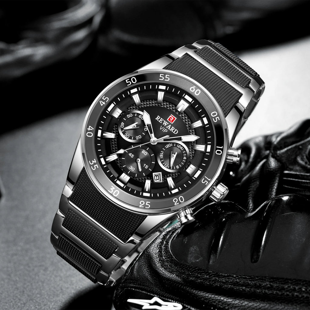 REWARD New Sport Watches for Men Fashion Stainless Steel Quartz Watches Waterproof Chronograph Wrist Watches Male