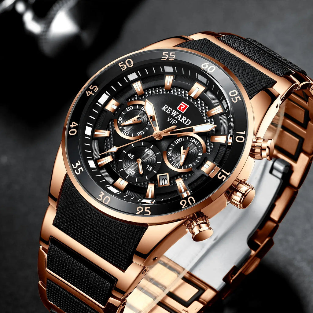 REWARD New Sport Watches for Men Fashion Stainless Steel Quartz Watches Waterproof Chronograph Wrist Watches Male