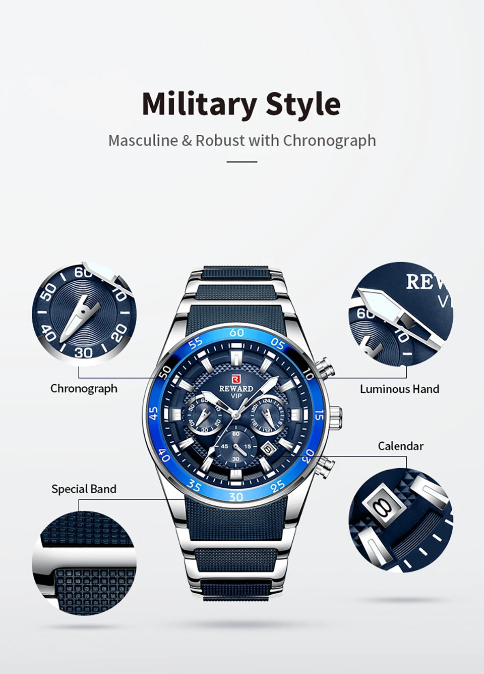 REWARD New Sport Watches for Men Fashion Stainless Steel Quartz Watches Waterproof Chronograph Wrist Watches Male