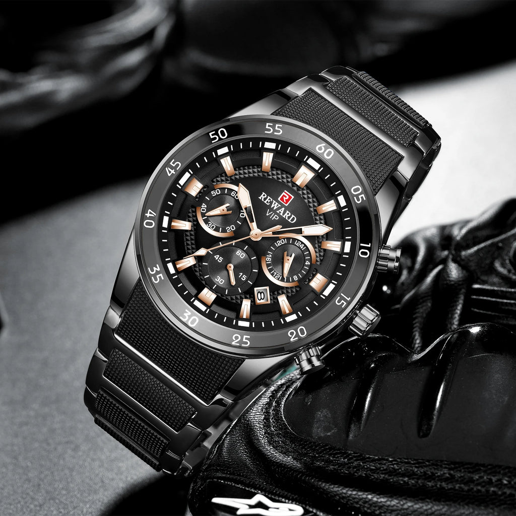 REWARD New Sport Watches for Men Fashion Stainless Steel Quartz Watches Waterproof Chronograph Wrist Watches Male