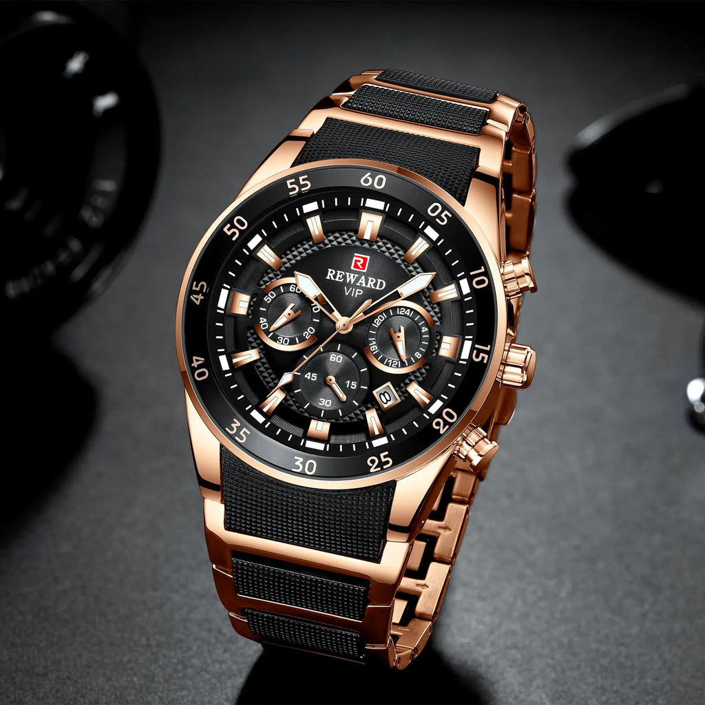 REWARD New Sport Watches for Men Fashion Stainless Steel Quartz Watches Waterproof Chronograph Wrist Watches Male