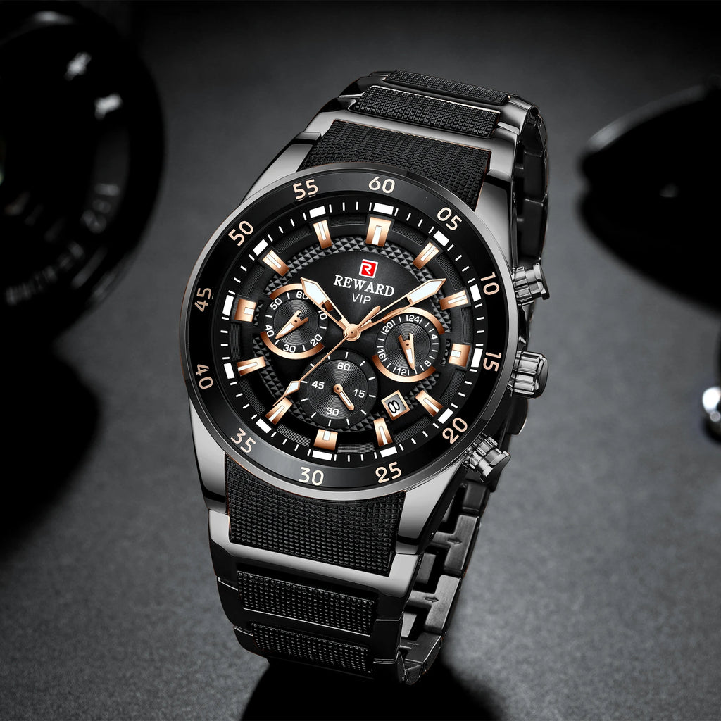 REWARD New Sport Watches for Men Fashion Stainless Steel Quartz Watches Waterproof Chronograph Wrist Watches Male