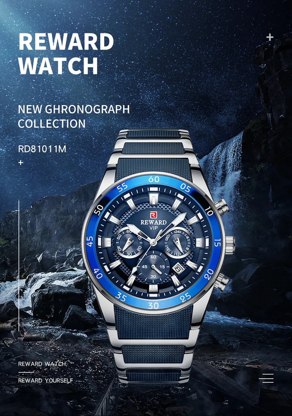 REWARD New Sport Watches for Men Fashion Stainless Steel Quartz Watches Waterproof Chronograph Wrist Watches Male