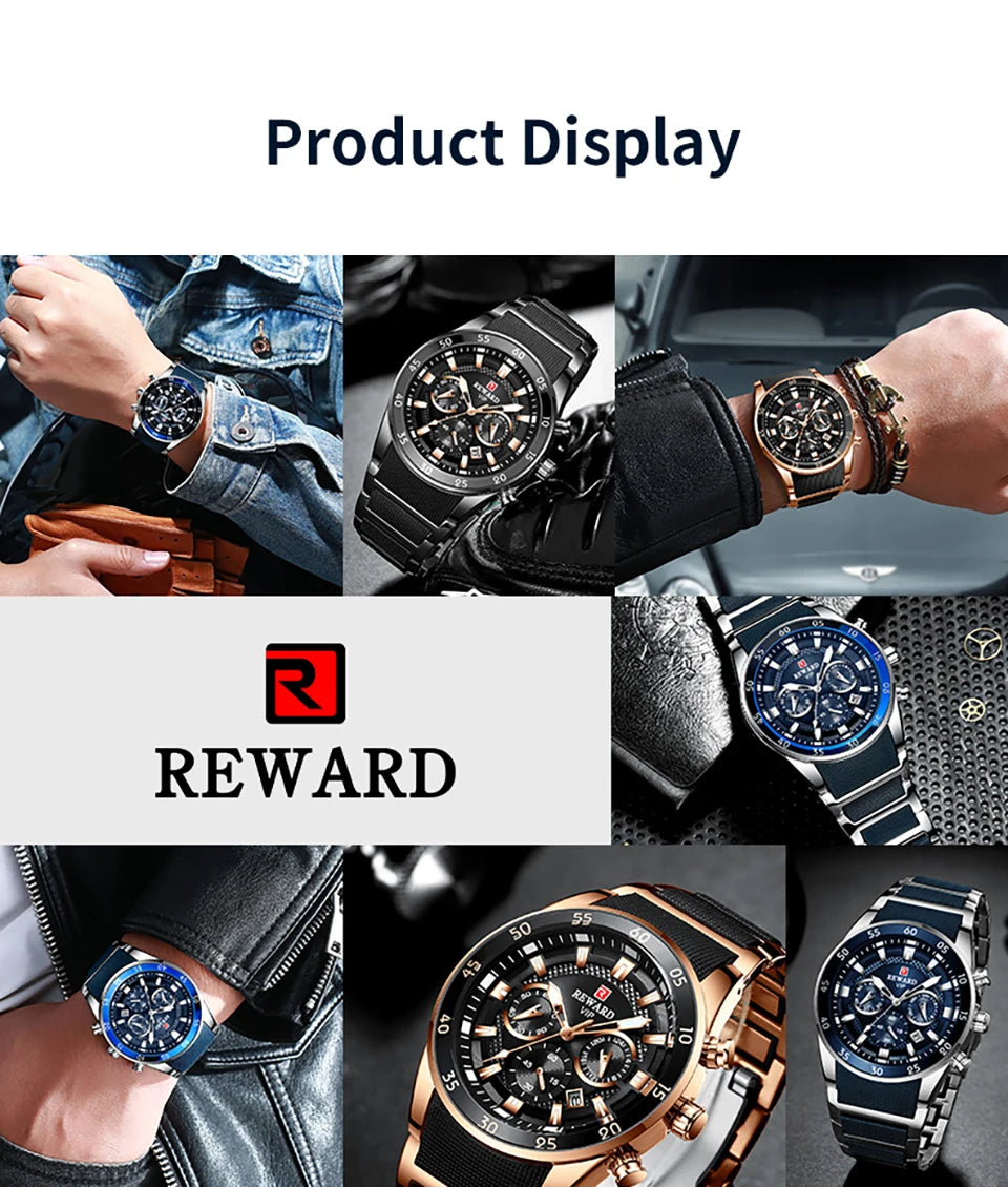 REWARD New Sport Watches for Men Fashion Stainless Steel Quartz Watches Waterproof Chronograph Wrist Watches Male
