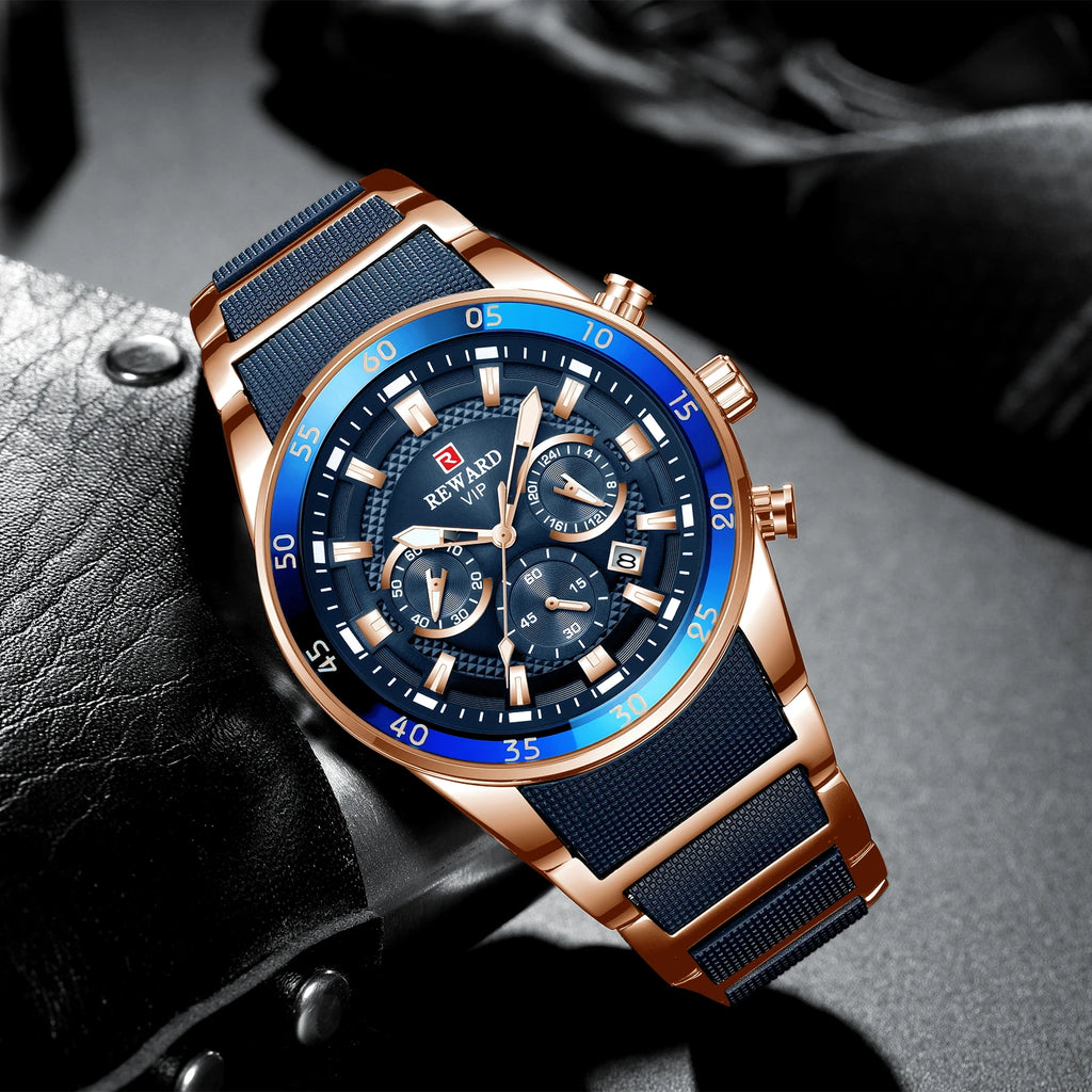 REWARD New Sport Watches for Men Fashion Stainless Steel Quartz Watches Waterproof Chronograph Wrist Watches Male