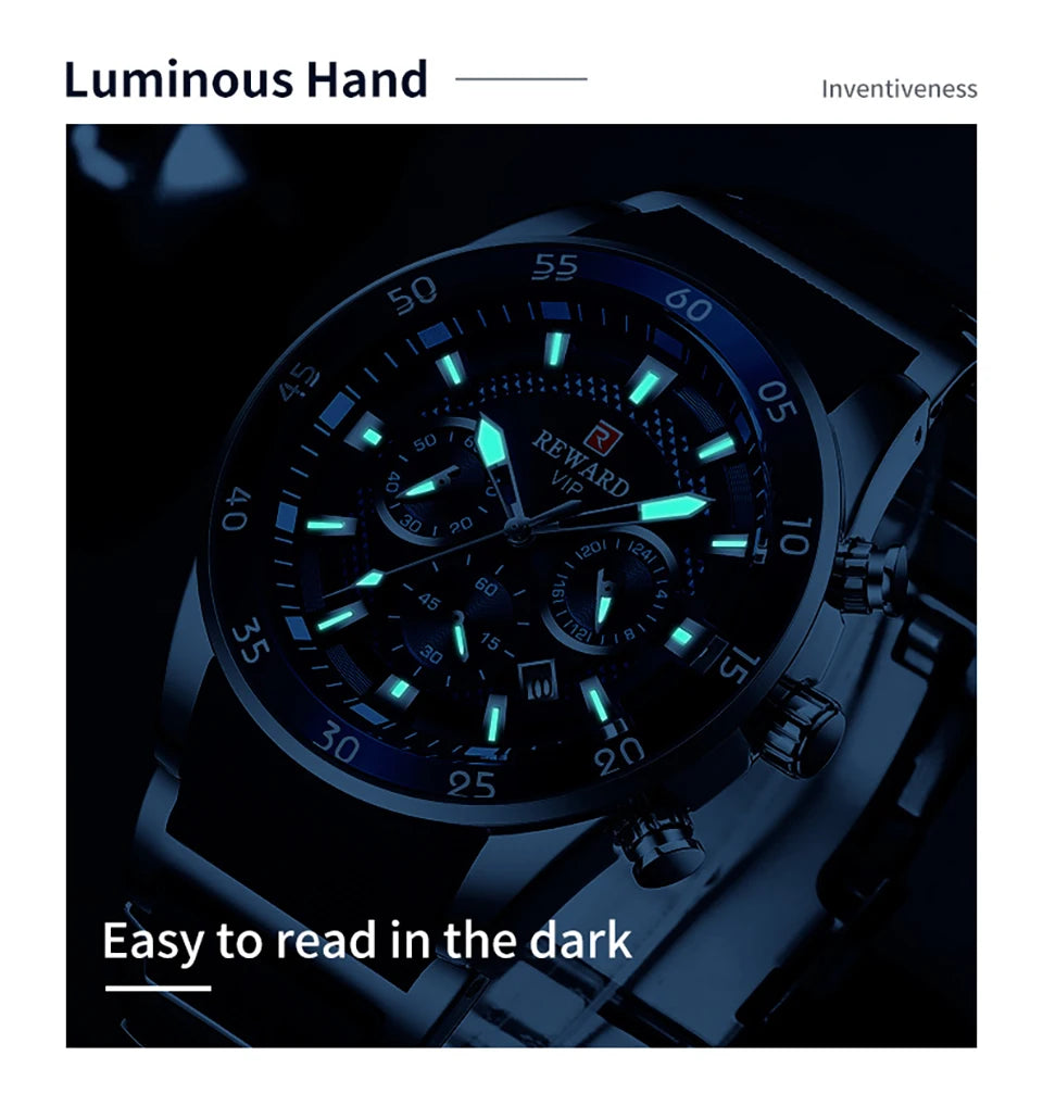 REWARD New Sport Watches for Men Fashion Stainless Steel Quartz Watches Waterproof Chronograph Wrist Watches Male