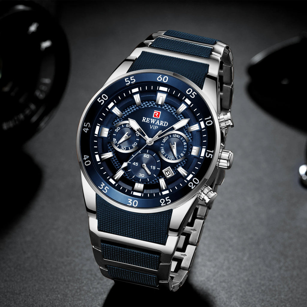 REWARD New Sport Watches for Men Fashion Stainless Steel Quartz Watches Waterproof Chronograph Wrist Watches Male