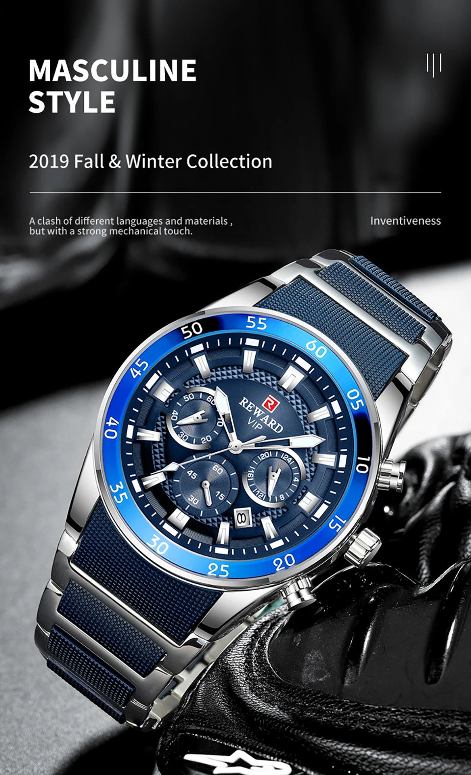 REWARD New Sport Watches for Men Fashion Stainless Steel Quartz Watches Waterproof Chronograph Wrist Watches Male