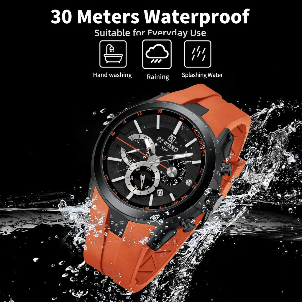 REWARD VIP New Fashion Watch for Men Leather Strap Waterproof Luminous Chronograph Sport Wristwatch