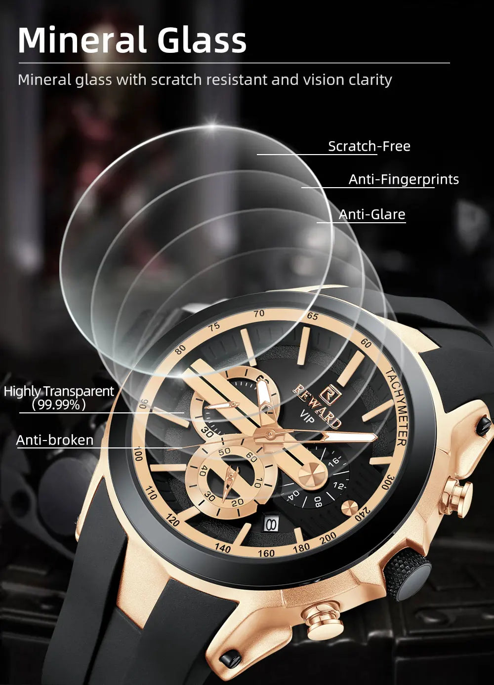 REWARD VIP New Fashion Watch for Men Leather Strap Waterproof Luminous Chronograph Sport Wristwatch