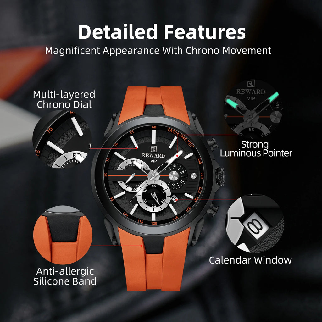 REWARD VIP New Fashion Watch for Men Leather Strap Waterproof Luminous Chronograph Sport Wristwatch