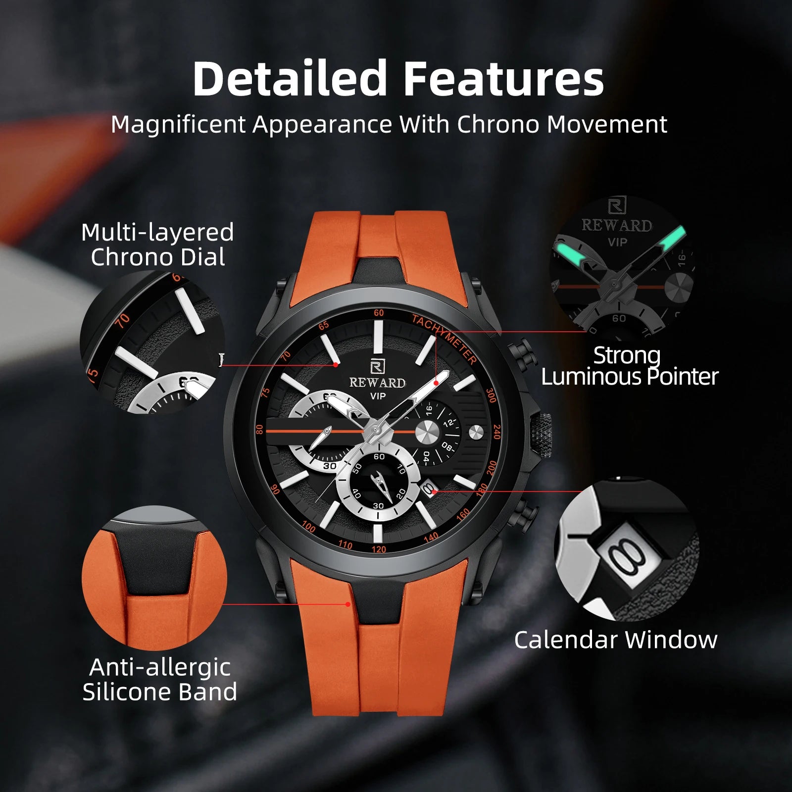 REWARD VIP New Fashion Watch for Men Leather Strap Waterproof Luminous Chronograph Sport Wristwatch