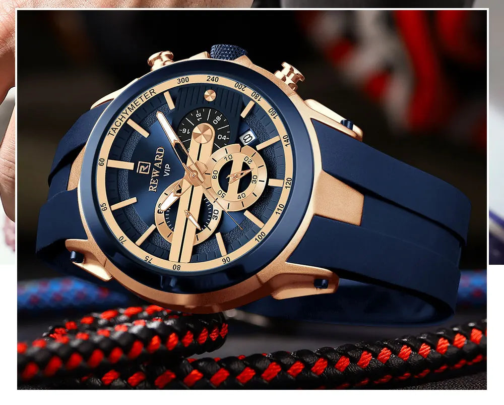 REWARD VIP New Fashion Watch for Men Leather Strap Waterproof Luminous Chronograph Sport Wristwatch