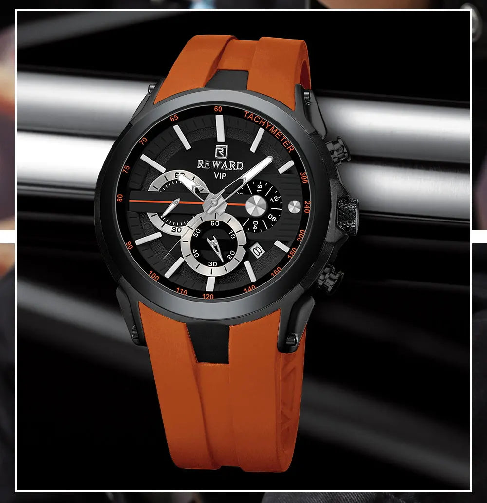 REWARD VIP New Fashion Watch for Men Leather Strap Waterproof Luminous Chronograph Sport Wristwatch
