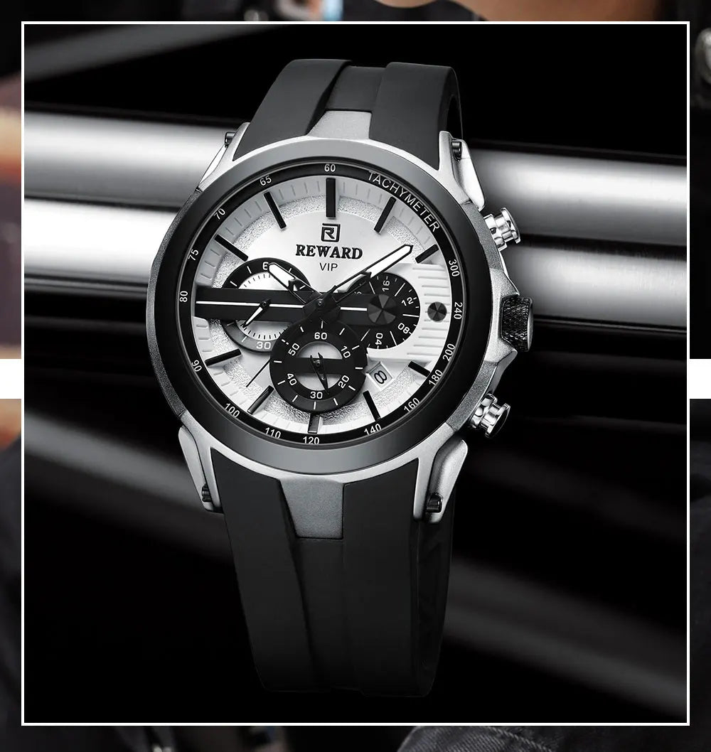 REWARD VIP New Fashion Watch for Men Leather Strap Waterproof Luminous Chronograph Sport Wristwatch