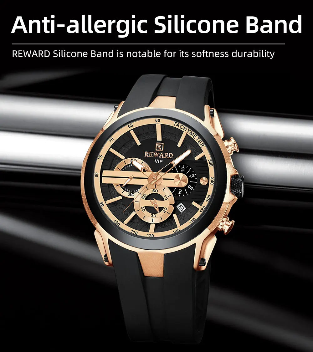 REWARD VIP New Fashion Watch for Men Leather Strap Waterproof Luminous Chronograph Sport Wristwatch