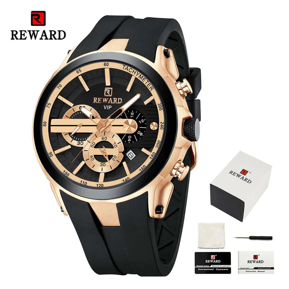 REWARD VIP New Fashion Watch for Men Leather Strap Waterproof Luminous Chronograph Sport Wristwatch