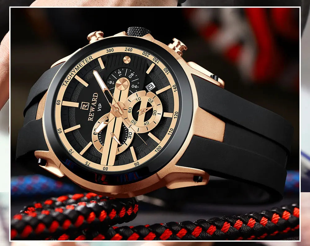REWARD VIP New Fashion Watch for Men Leather Strap Waterproof Luminous Chronograph Sport Wristwatch