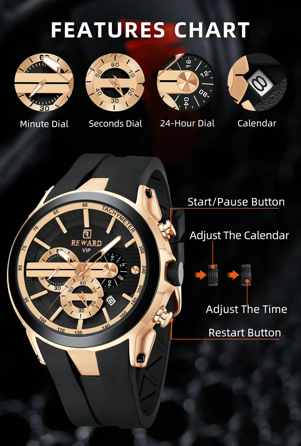 REWARD VIP New Fashion Watch for Men Leather Strap Waterproof Luminous Chronograph Sport Wristwatch