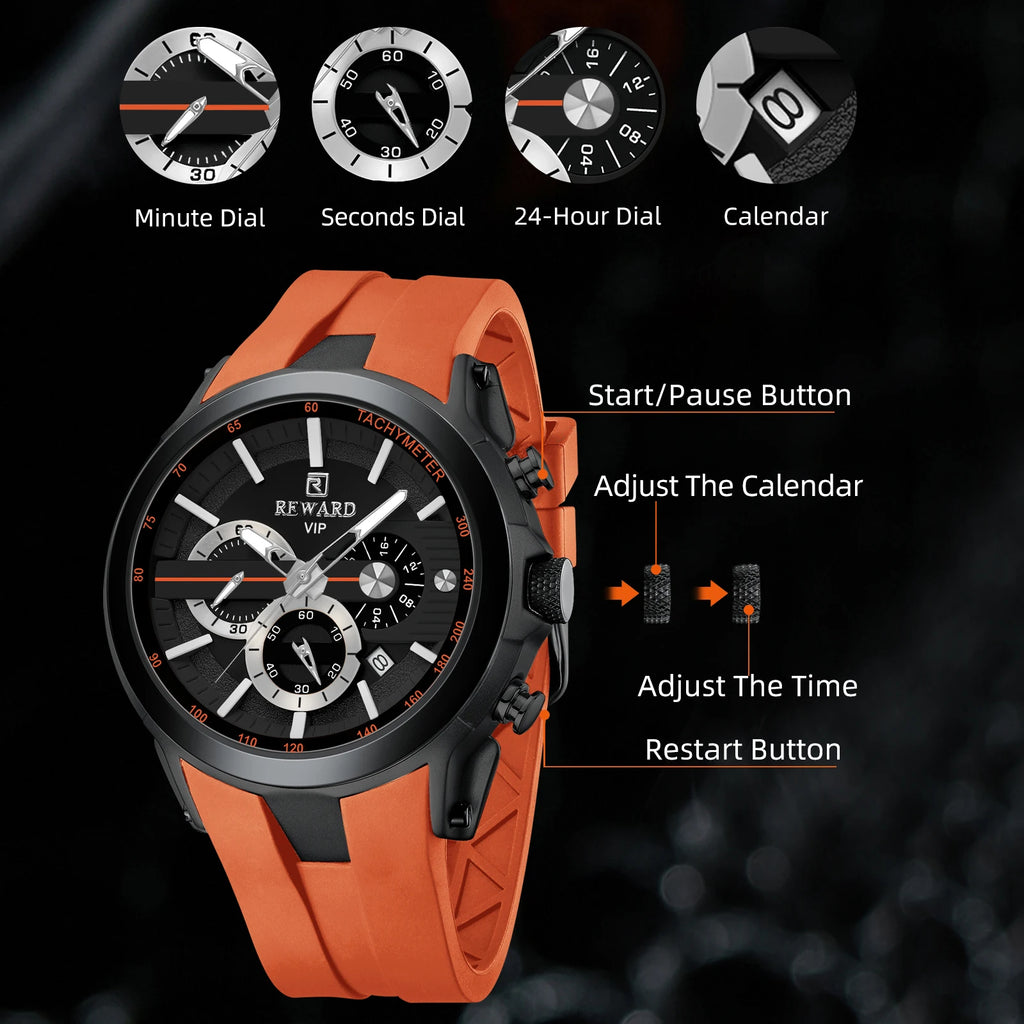 REWARD VIP New Fashion Watch for Men Leather Strap Waterproof Luminous Chronograph Sport Wristwatch