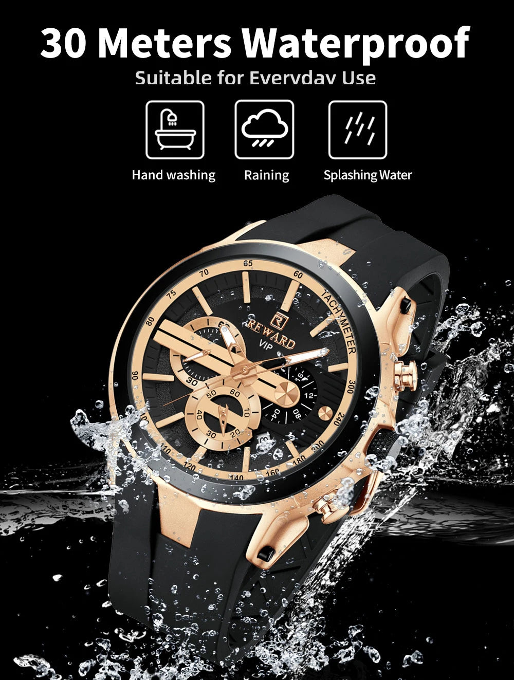 REWARD VIP New Fashion Watch for Men Leather Strap Waterproof Luminous Chronograph Sport Wristwatch
